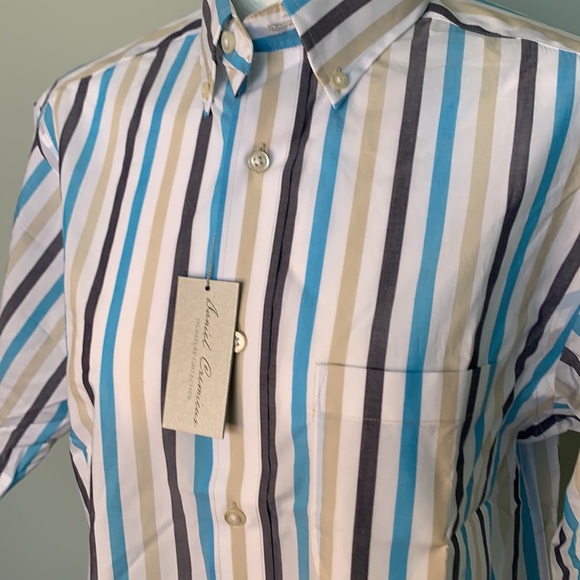 DANIEL CREMIEUX NWT MEN’S TAN BLUE WHITE STRIPED SHORT SLEEVE BUTTON FRONT S - Picture 2 of 6